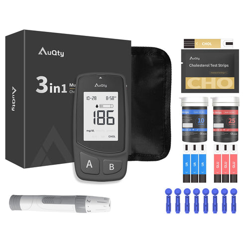 Blood Glucose, Cholesterol & Uric Acid Meter 3-in-1 with Test Strips & Lancets