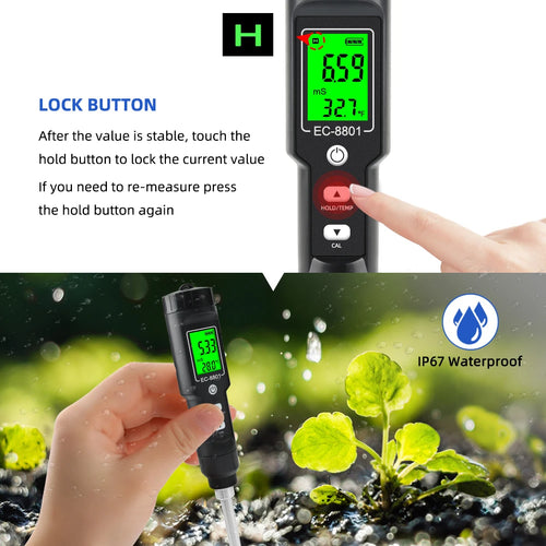EC & Temp Meter  Electrical Conductivity Tester Reader for Soil Waterproof ATC EC-8801