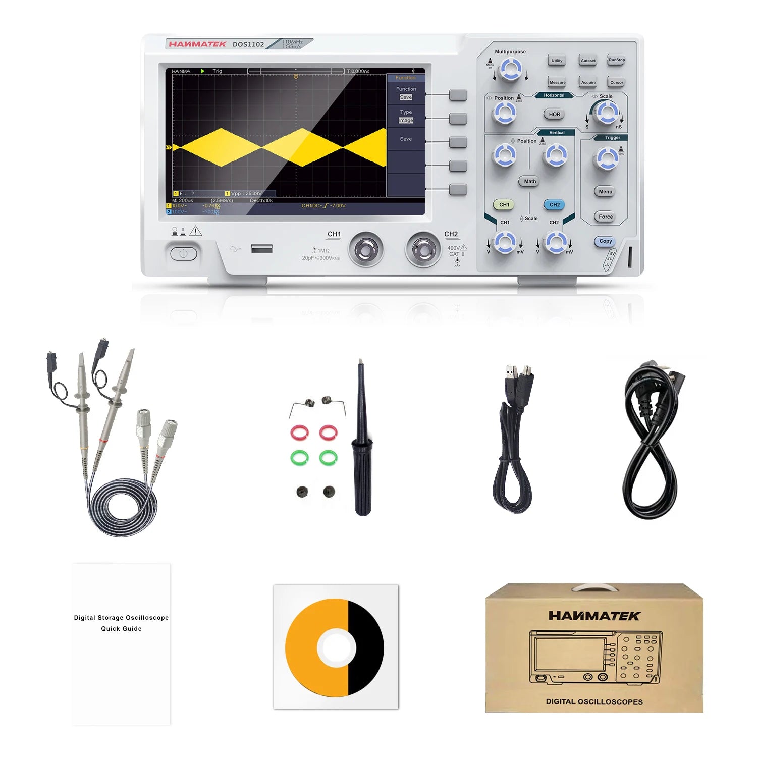 Digital Oscilloscope 1GS/S 110MHz Dual Channel 7-inch TFT Display SCPI/Lab View Communication