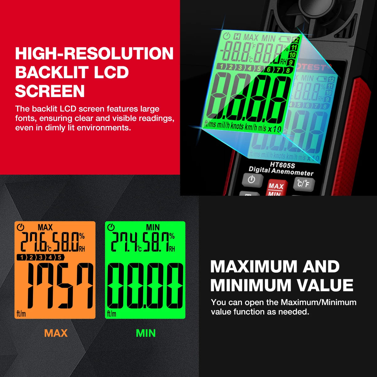 Anemometer Wind Speed Velocity Humidity Temperature Meter Air Flow Gauge LCD