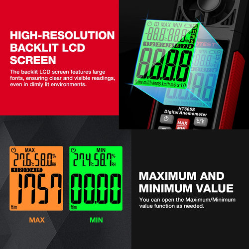 Anemometer Wind Speed Velocity Humidity Temperature Meter Air Flow Gauge LCD