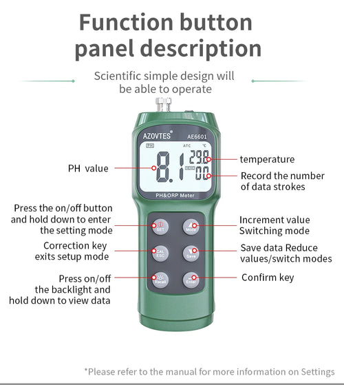 IJ44A pH Probe, pH & Temperature Meter Redox Millivolt Tester Monitor 0-14 pH AE6601