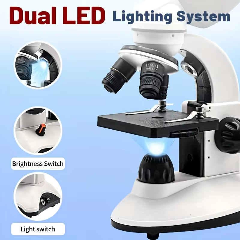 Microscope Binocular Biological 1000X Magnification LED Phone Holder Top & Bottom Light