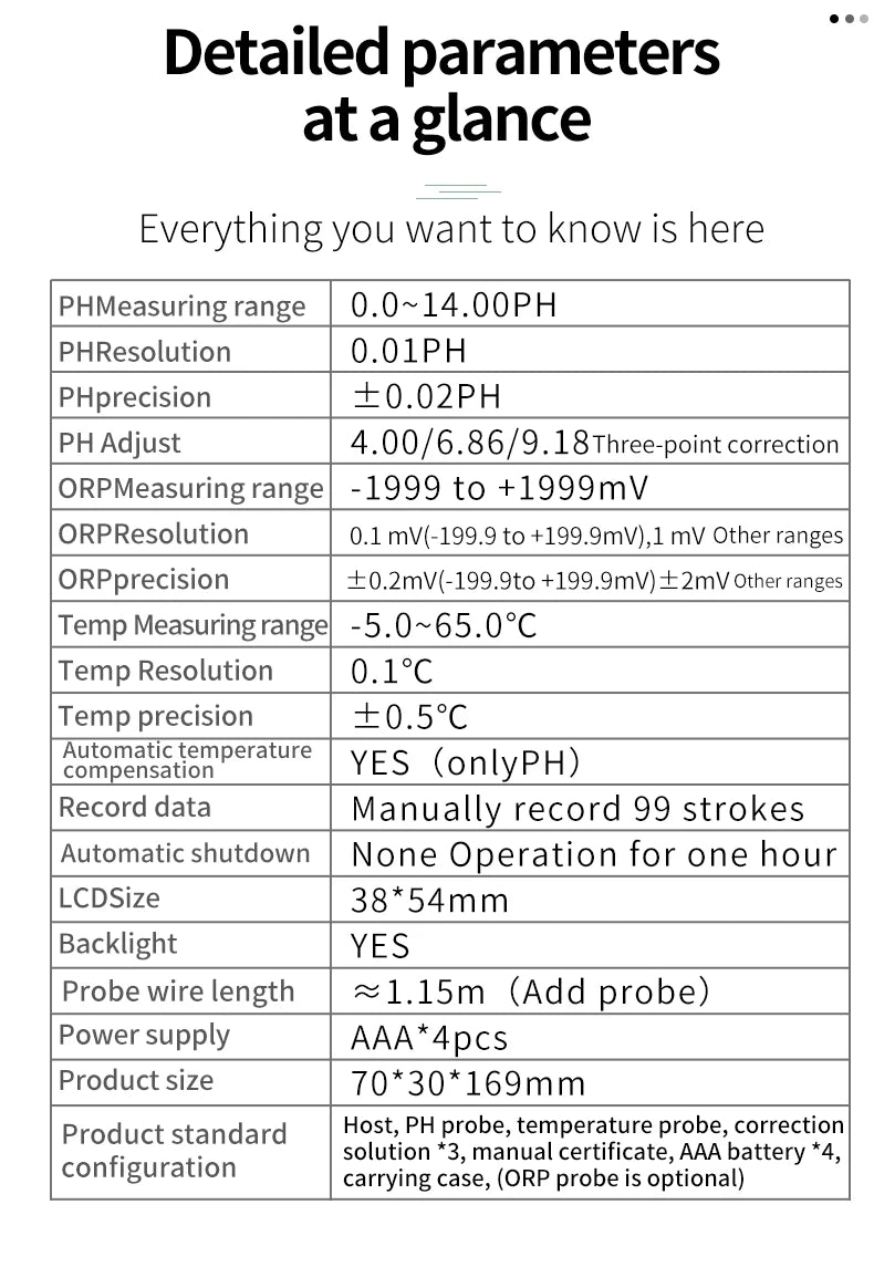 IJ44A pH Probe, pH & Temperature Meter Redox Millivolt Tester Monitor 0-14 pH AE6601