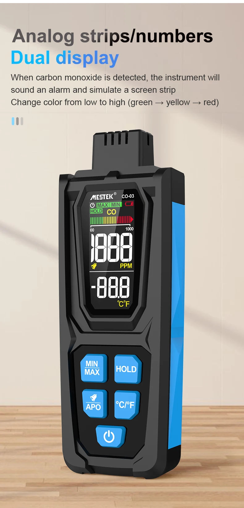 Carbon Monoxide CO Gas Meter Tester Monitor Detector Gauge 0-1000ppm Mestek CO-03