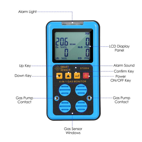 Hydrogen Sulfide Gas Meter O2 CO H20 LEL Alarm SMART SENSOR 4 IN 1