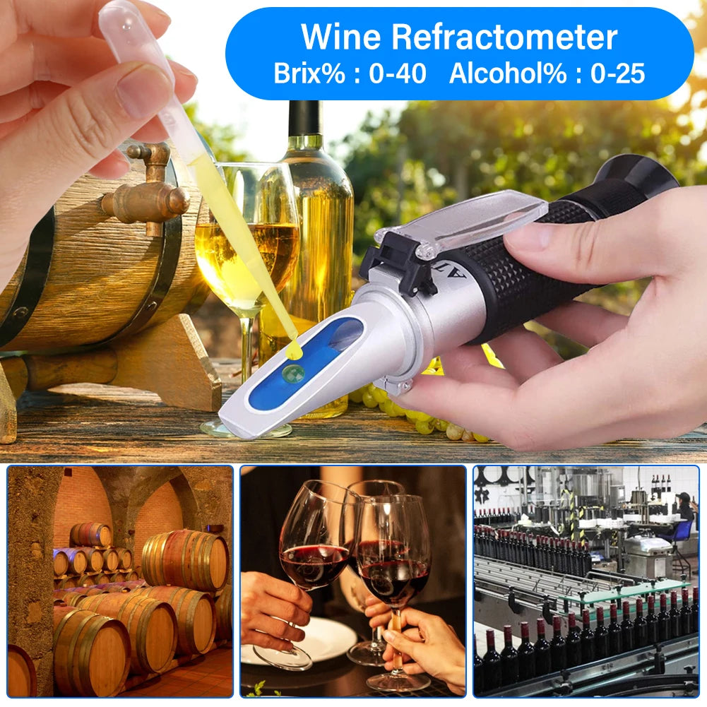 Refractometer Brix 0-40% & 0-25% Alcohol Handheld ATC Tester for Wine Industry
