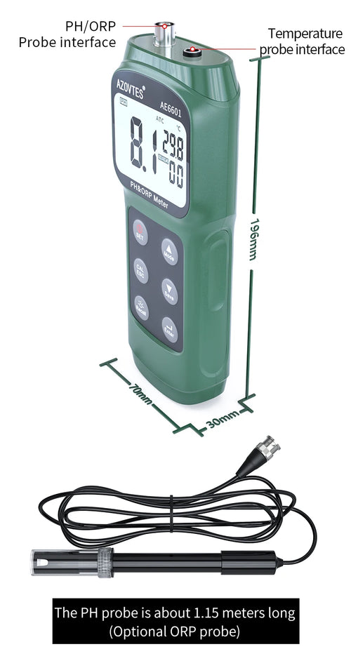 IJ44A pH Probe, pH & Temperature Meter Redox Millivolt Tester Monitor 0-14 pH AE6601