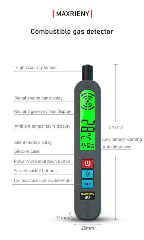 Gas Leak & Temperature Meter Combustible Flammable Gas Detector Air Tester LCD Display Maxrieny 61