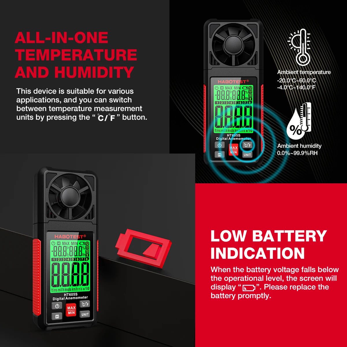 Anemometer Wind Speed Velocity Humidity Temperature Meter Air Flow Gauge LCD
