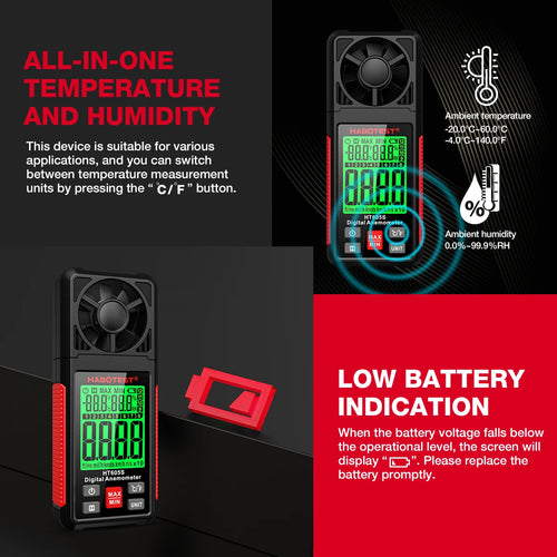 Anemometer Wind Speed Velocity Humidity Temperature Meter Air Flow Gauge LCD