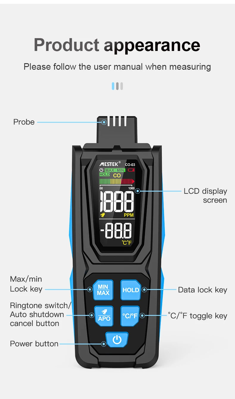 Carbon Monoxide CO Gas Meter Tester Monitor Detector Gauge 0-1000ppm Mestek CO-03
