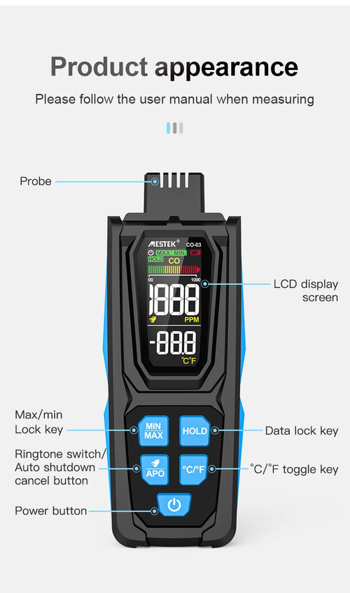 Carbon Monoxide CO Gas Meter Tester Monitor Detector Gauge 0-1000ppm Mestek CO-03