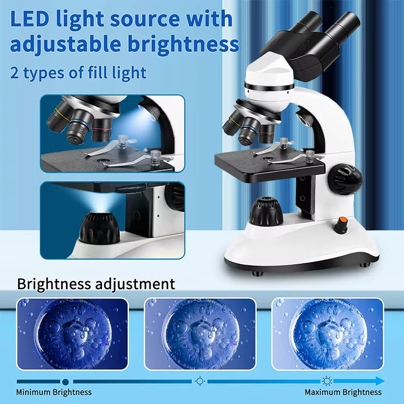 Microscope Binocular Biological 1000X Magnification LED Phone Holder Top & Bottom Light