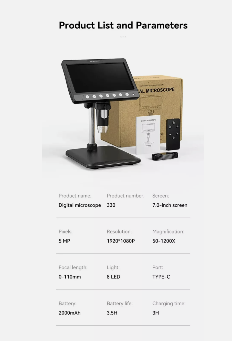 Microscope Digital 7 Inch LCD 50-1200X LCD Display Screen 5MP 1920x1080P