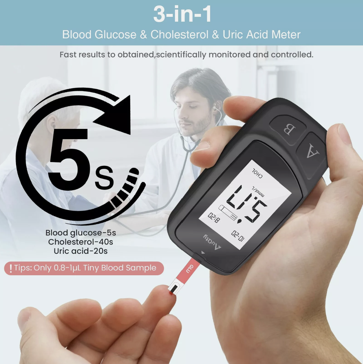 Cholesterol & Uric Acid Meter 2-in-1  with Test Strips & Lancets