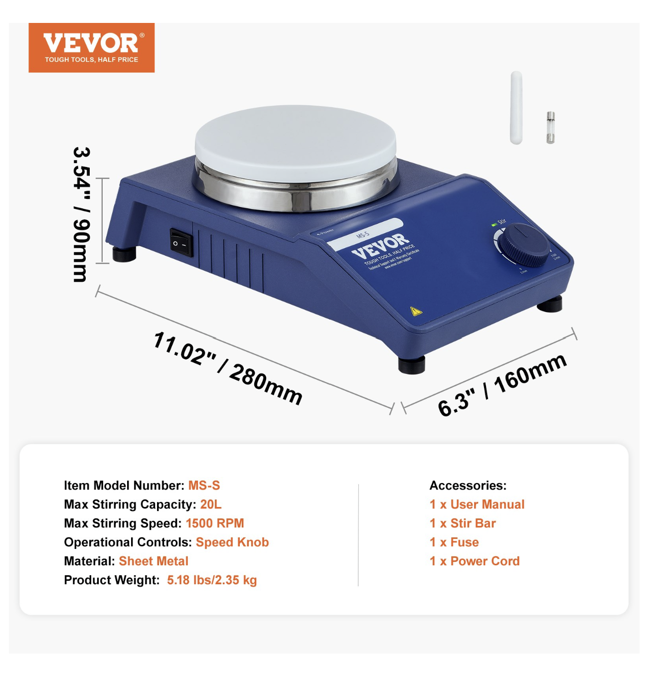 Vevor Magnetic Stirrer Stir Plate Kit – 0–1500 RPM Adjustable Speed, Max 22L Capacity MS-S