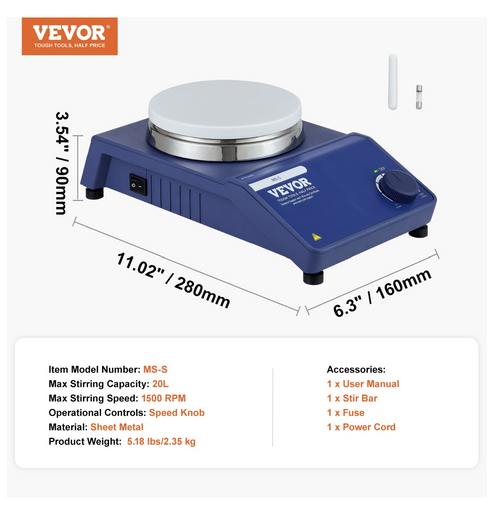 Vevor Magnetic Stirrer Stir Plate Kit – 0–1500 RPM Adjustable Speed, Max 22L Capacity MS-S