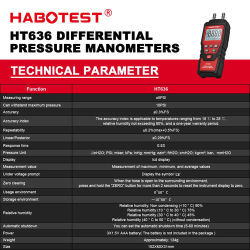 Manometer Digital Air Pressure Meter Differential Gas Tester Tool LCD Gauge HT636