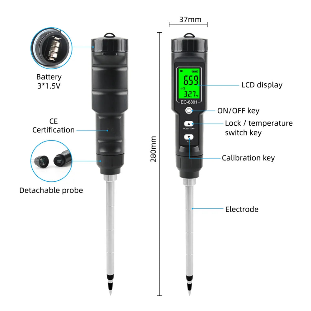 EC & Temp Meter  Electrical Conductivity Tester Reader for Soil Waterproof ATC EC-8801