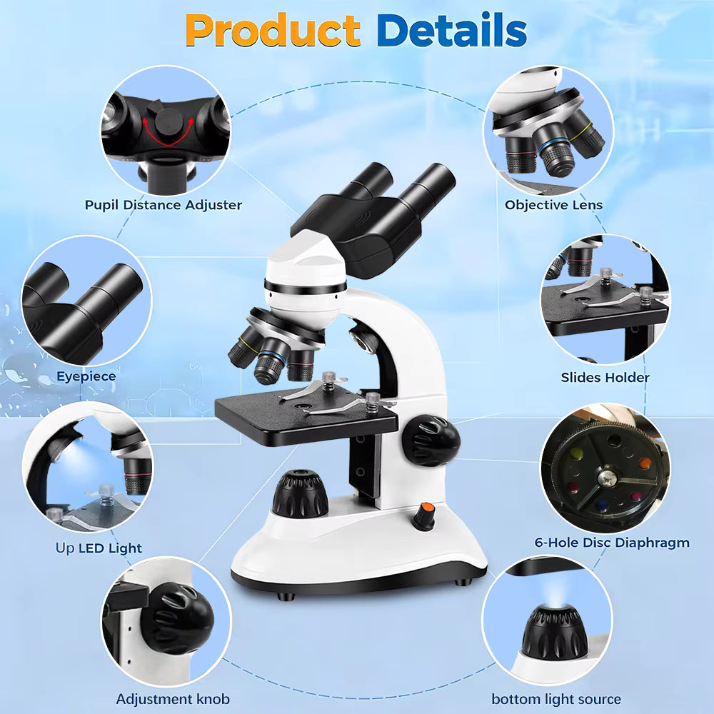 Microscope Binocular Biological 1000X Magnification LED Phone Holder Top & Bottom Light