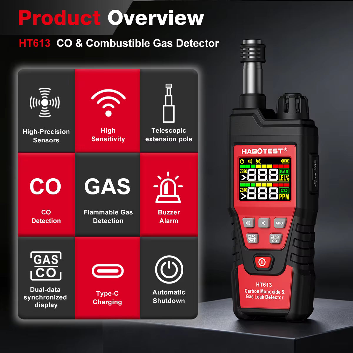 Carbon Monoxide CO & Combustible Flammable Gas Meter 2 in 1 Detector 0-999ppm