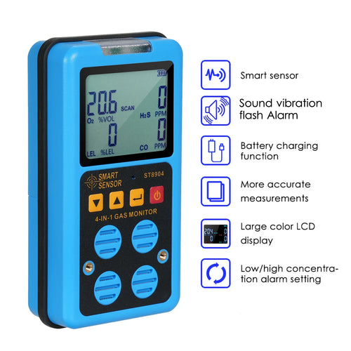 Hydrogen Sulfide Gas Meter O2 CO H20 LEL Alarm SMART SENSOR 4 IN 1
