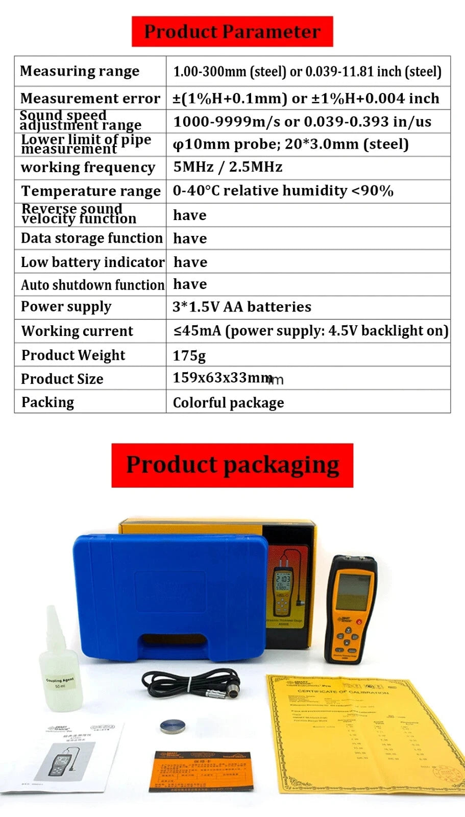 Ultrasonic Thickness Gauge Tester Sound Velocity Meter Metal Width Meter AS860