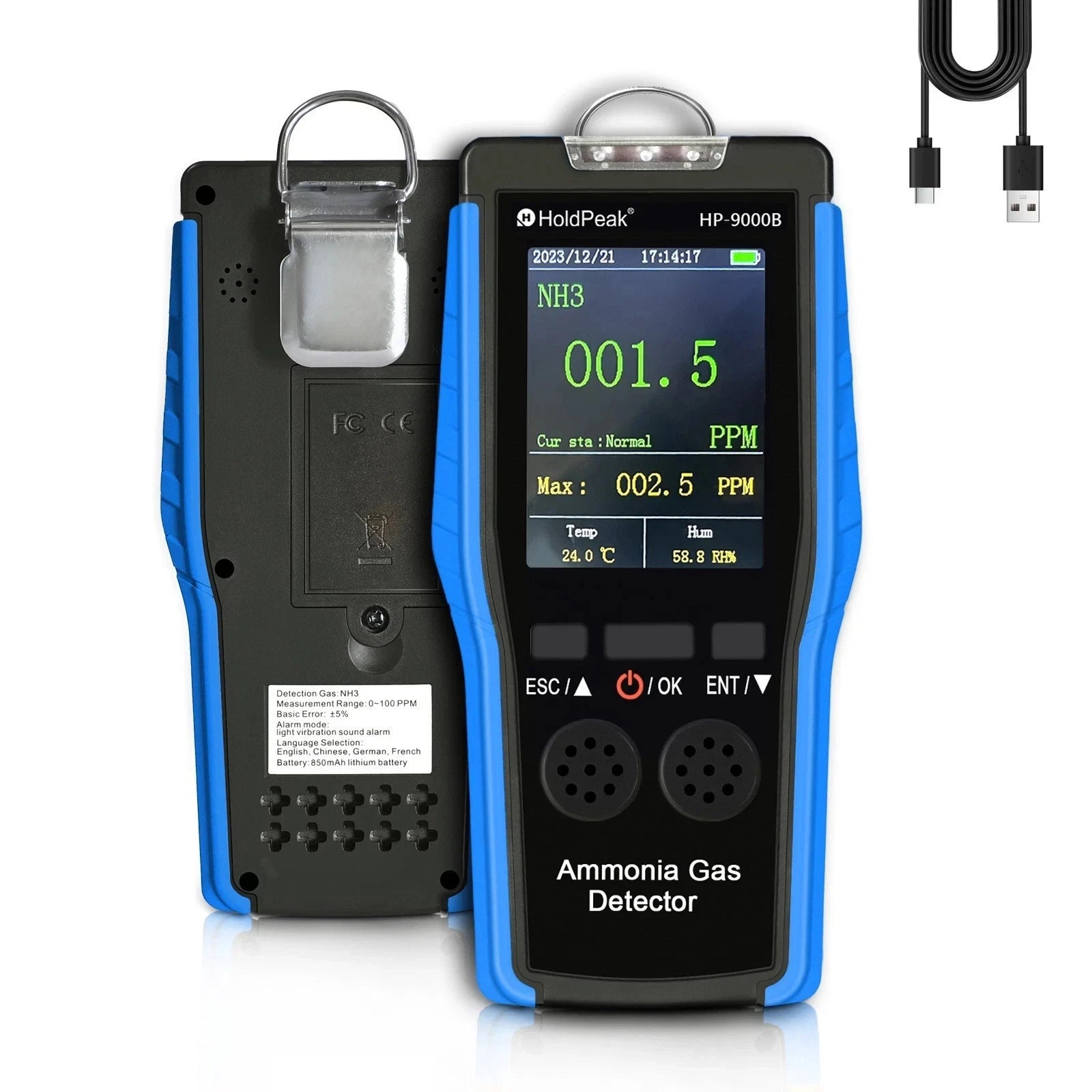 Ammonia Gas Detector NH3 0-100PPM Tester Monitor Professional Meter With Data Logging
