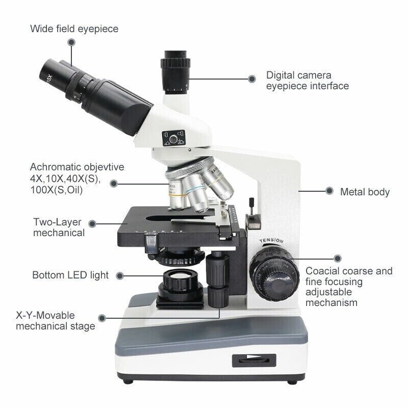 Trinocular Compound Microscope 40X-1600X Professional Lab Biological Microscope