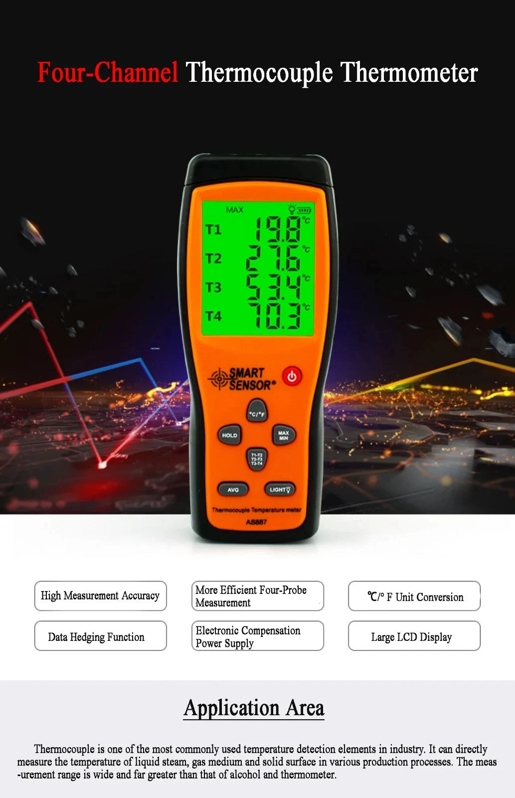 Thermometer Temperature Temp Meter K Type 4 Channel 1372°C SMART SENSOR AS887