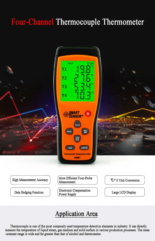 Thermometer Temperature Temp Meter K Type 4 Channel 1372°C SMART SENSOR AS887