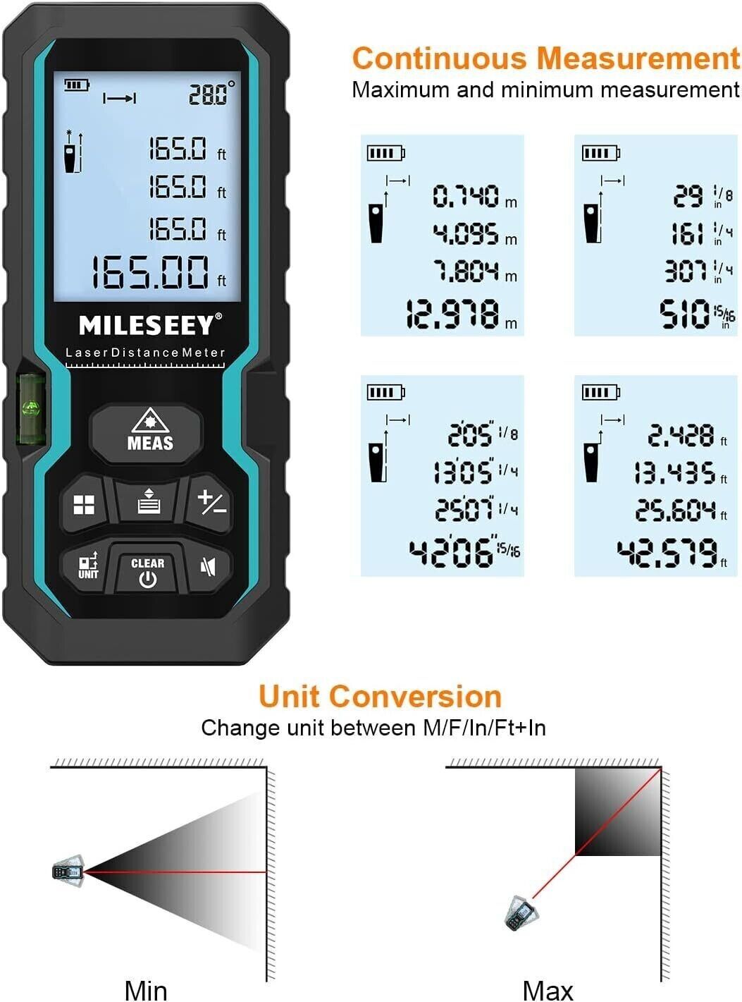 Laser Distance Tape Measure Rangefinder 100M Tool Electronic Ruler MILESEEY S6