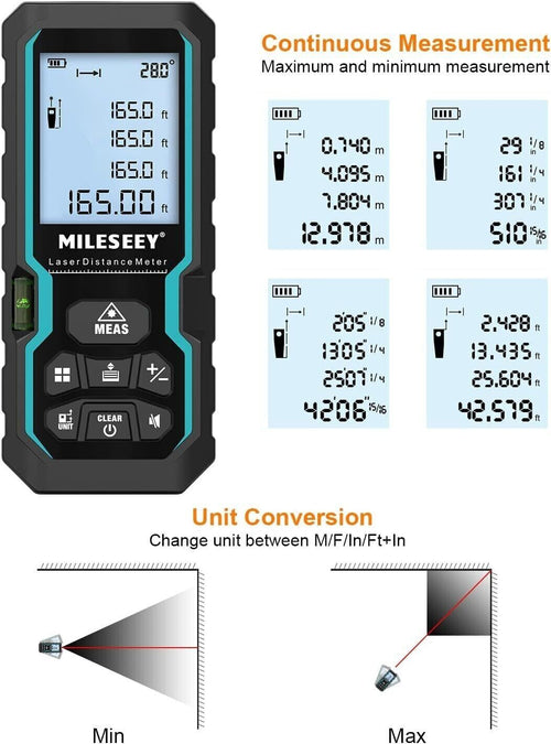 Laser Distance Tape Measure Rangefinder 100M Tool Electronic Ruler MILESEEY S6