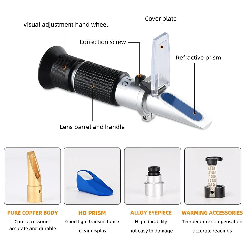 Refractometer Brix 28-62% Handheld ATC Tester for Sugar Fruit Wine Measurements