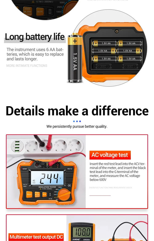 Insulation Resistance Meter Digital Megohmmeter Volt Tester Megger Voltmeter MH10