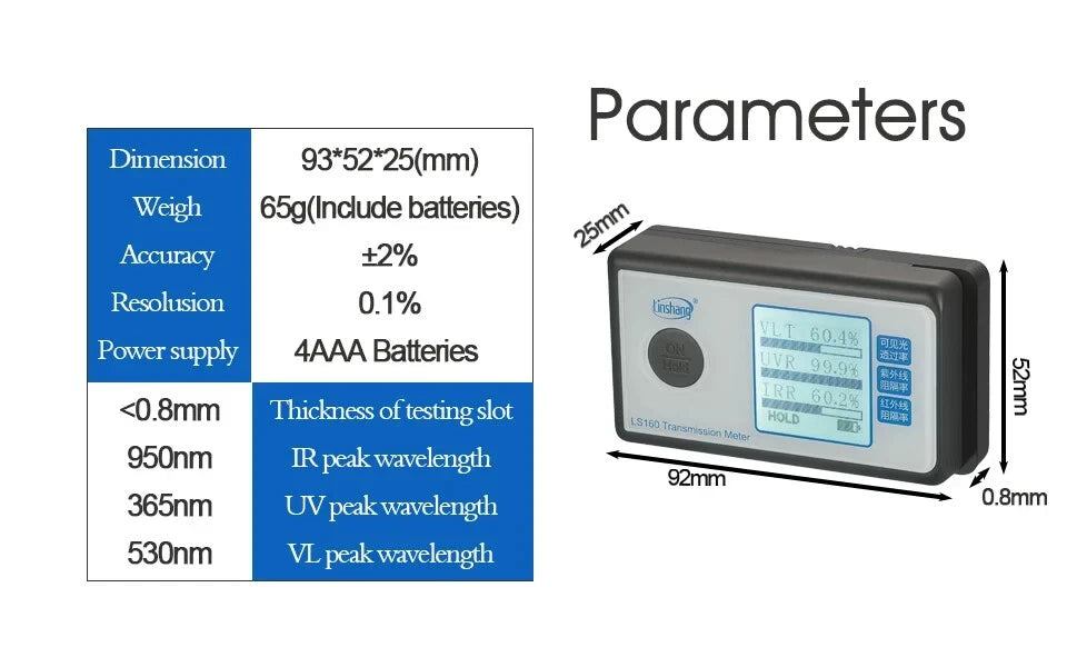 Window Film Tint Meter Glass IR UV VL Infrared Visible Light Tester LS160