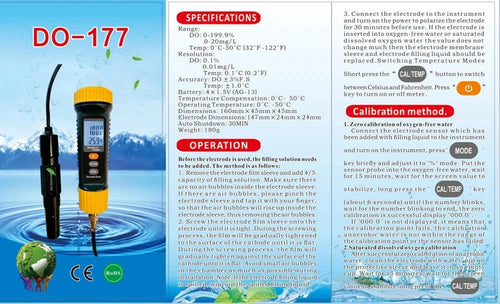 Dissolved DO Oxygen Meter Tester Measures Blue Tooth  ATC  Temp Range 0-20mg/l DO-177