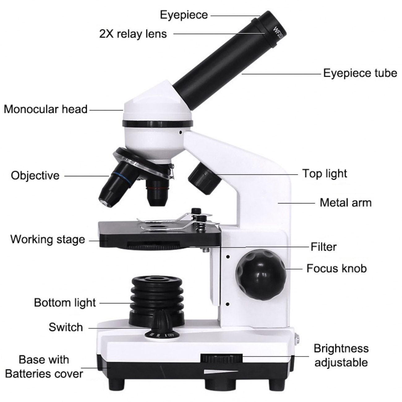Monocular Microscope 40X-1600X with LED Built in Light and Smartphone Adapter