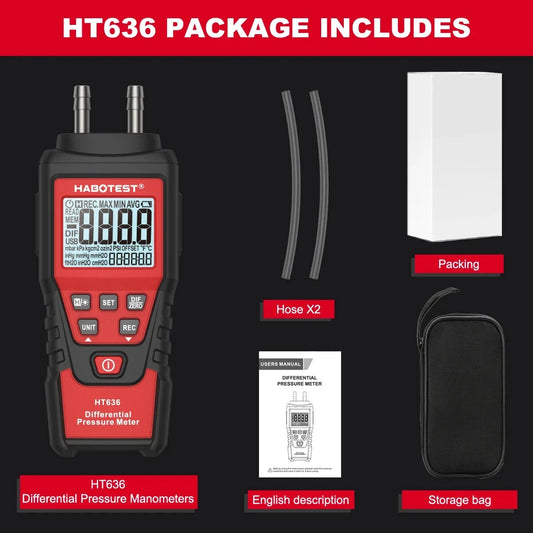 Manometer Digital Air Pressure Meter Differential Gas Tester Tool LCD Gauge HT636