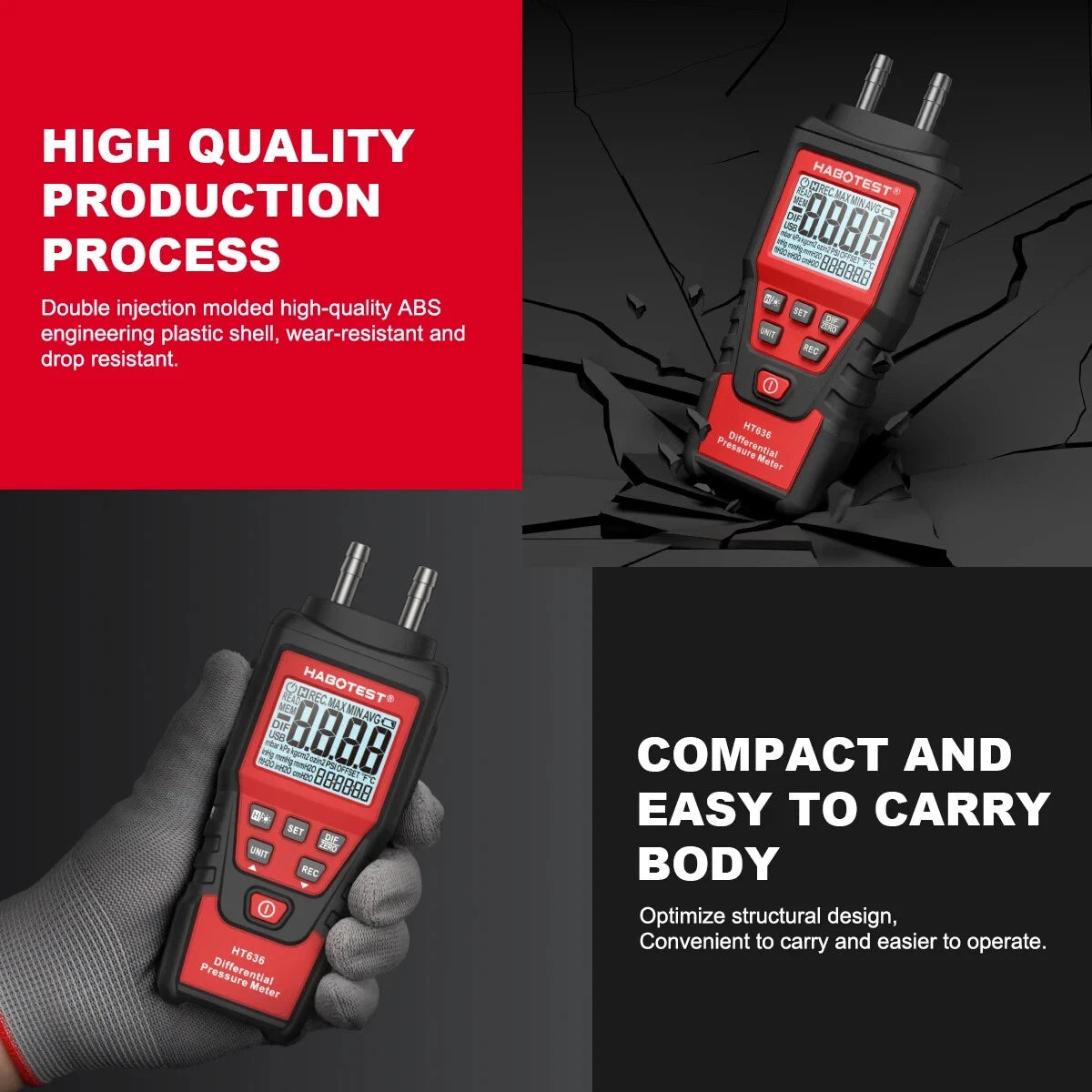 Manometer Digital Air Pressure Meter Differential Gas Tester Tool LCD Gauge HT636