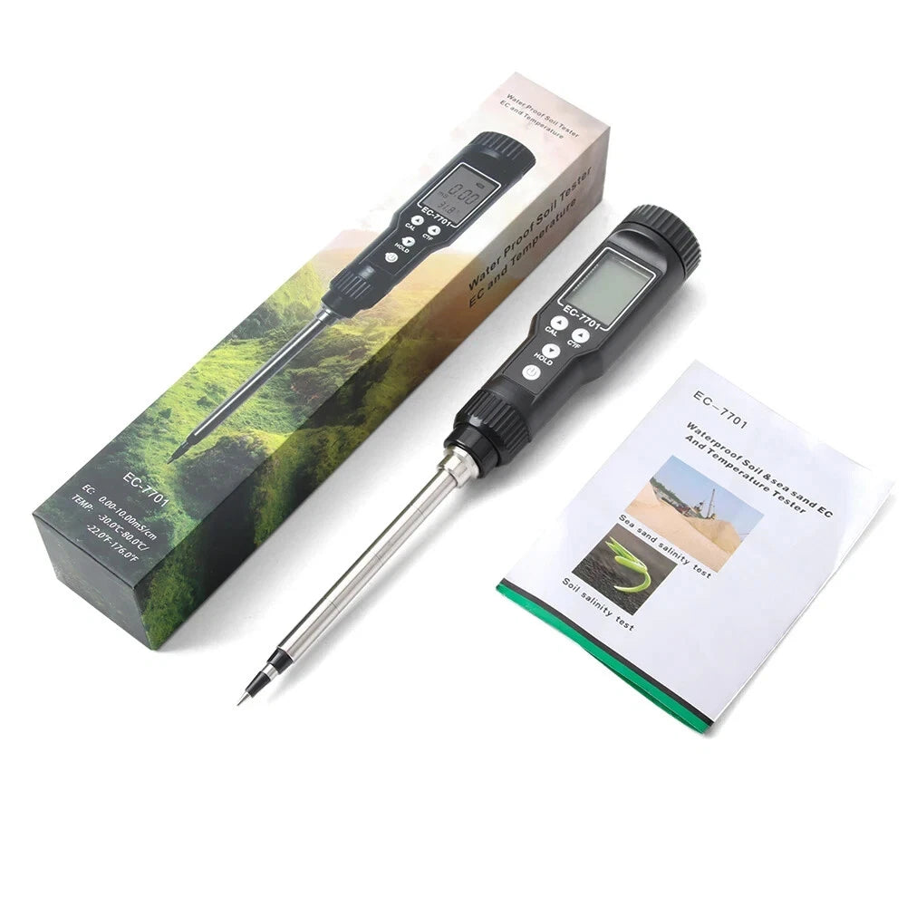 EC & Temp Meter Tester Reader for Soil Waterproof Electrical Conductivity ATC EC-7701