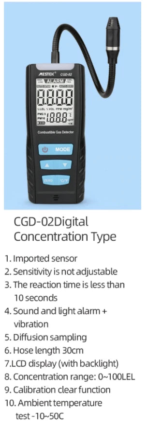 Gas Leak Detector Combustible Flammable Natural Gas Tester Meter Air Analyzer CGD-02