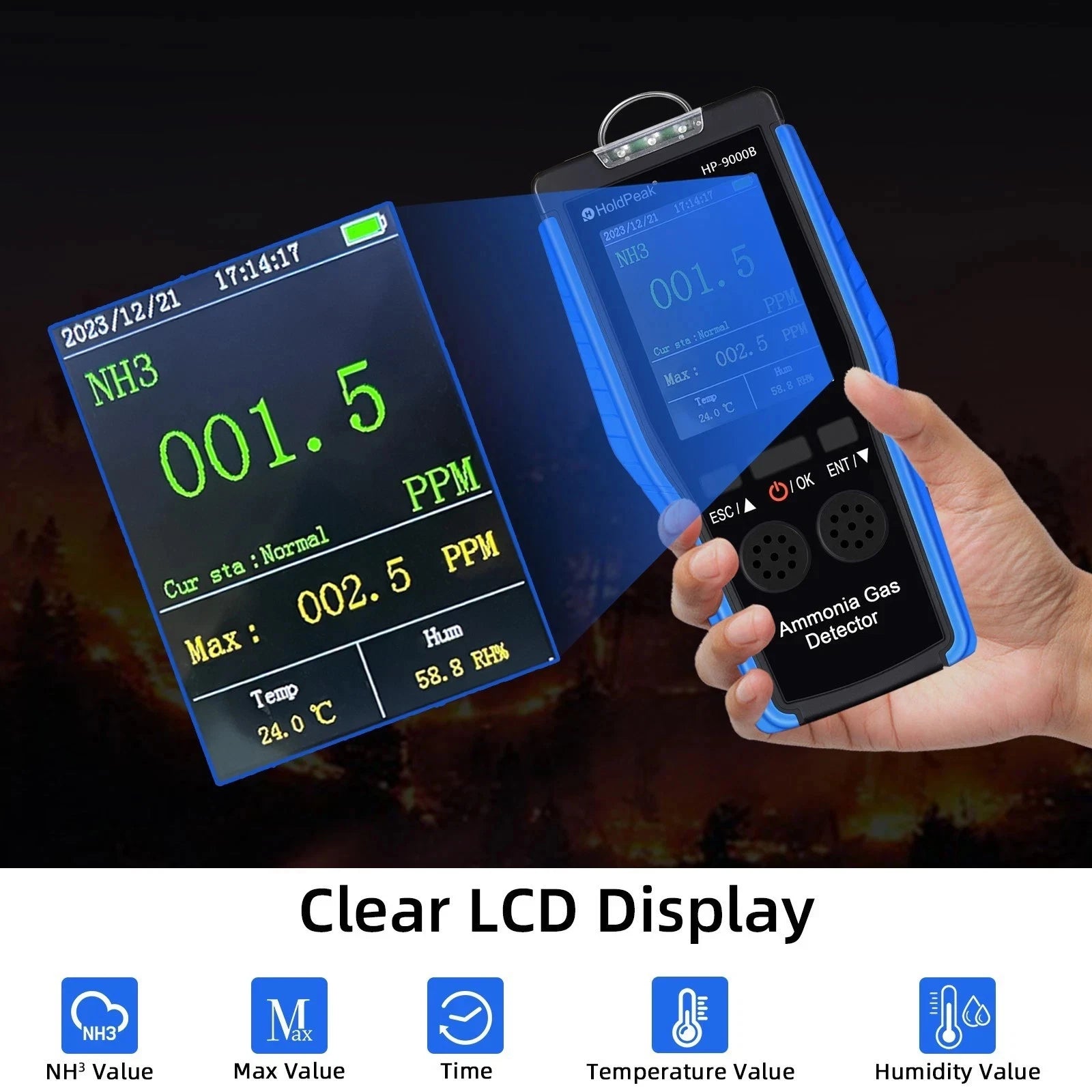 Ammonia Gas Detector NH3 0-100PPM Tester Monitor Professional Meter With Data Logging