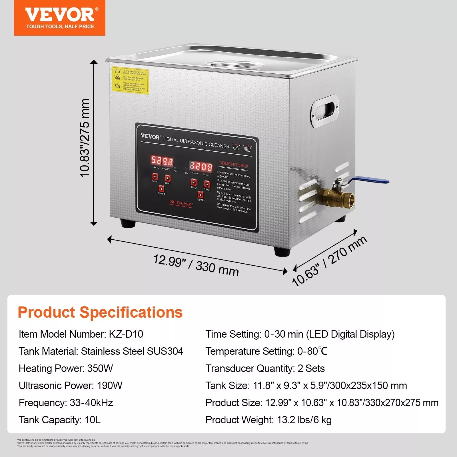 Ultrasonic Cleaning Bath 10L Digital Stainless Ultrasonic Cleaner Timer Heat