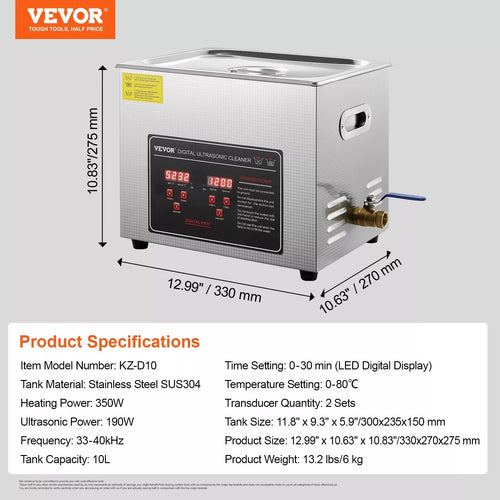 Ultrasonic Cleaning Bath 10L Digital Stainless Ultrasonic Cleaner Timer Heat