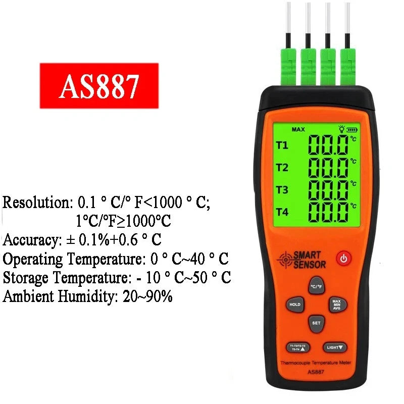 Thermometer Temperature Temp Meter K Type 4 Channel 1372°C SMART SENSOR AS887