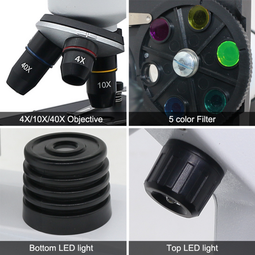 Monocular Microscope 40X-1600X with LED Built in Light and Smartphone Adapter