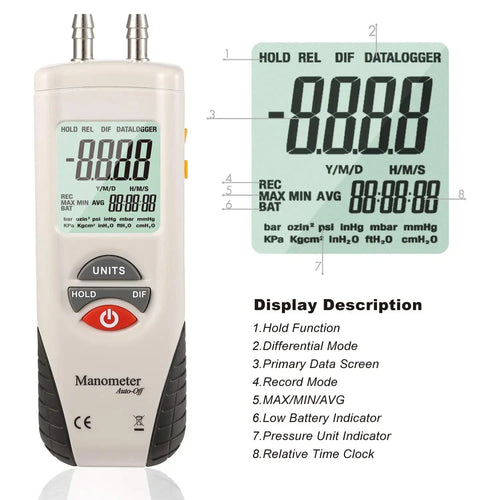 Manometer Digital Air Pressure Meter Differential Gas Tester Tool LCD Gauge HT-1890