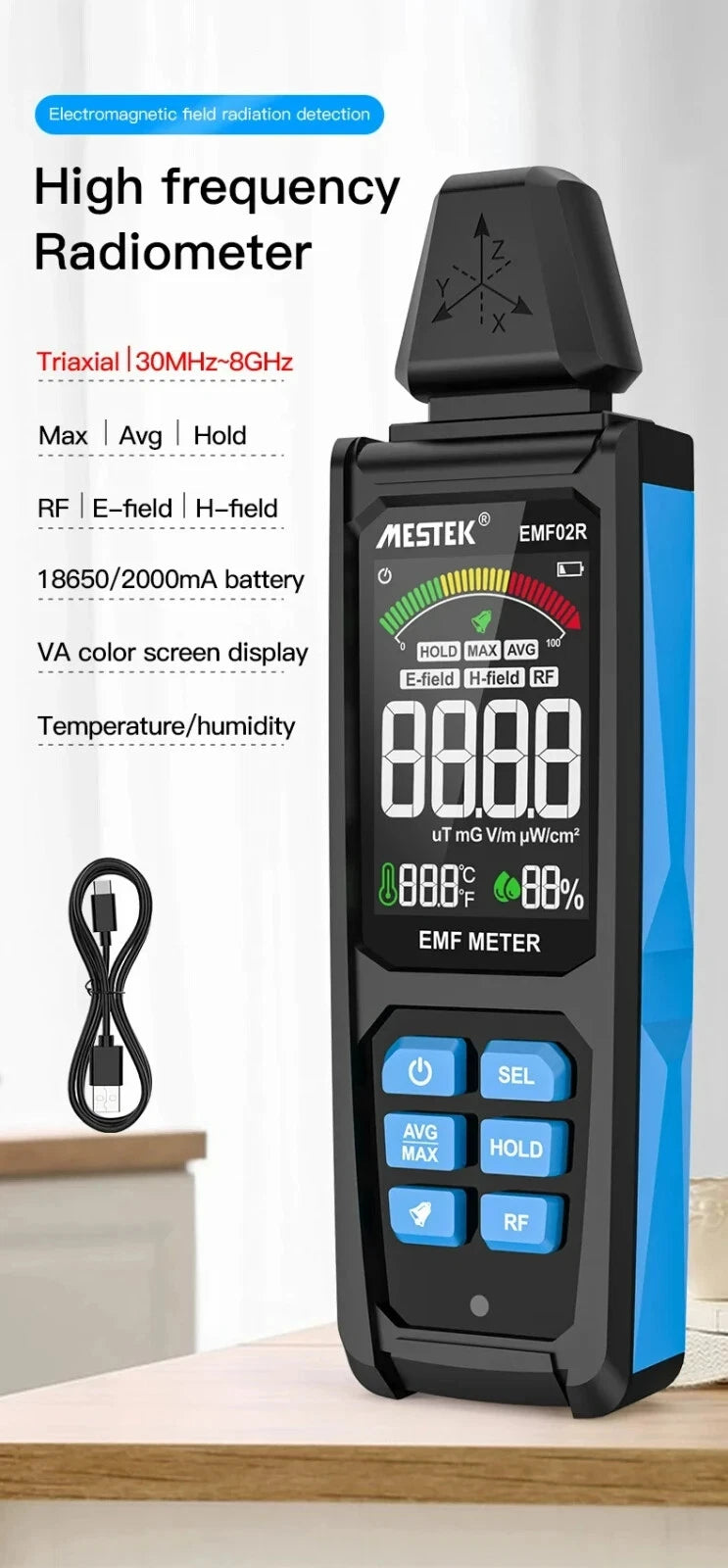 EMF Electromagnetic Radiation Tester Meter Magnetic Field Detector 30MHz-8Ghz